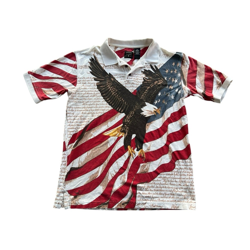 COTTON TRADERS Double-Sided Graphic Polo Shirt Patriotic American Eagle USA